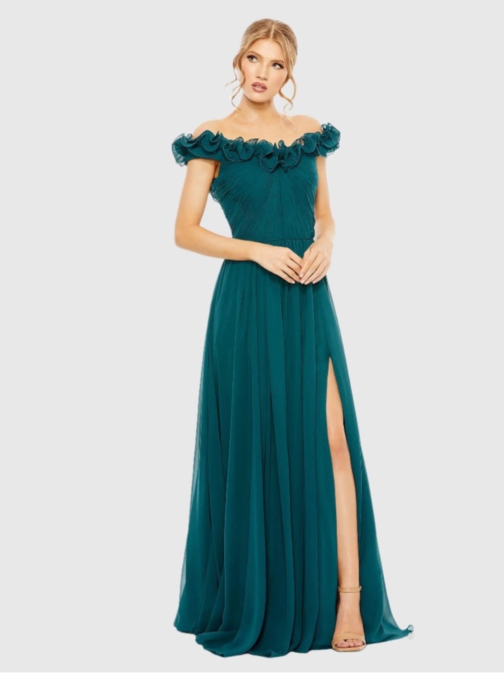 Mac Duggal 11591 Teal Ruched Off The Shoulder A Line Gown Size 8 Nwt